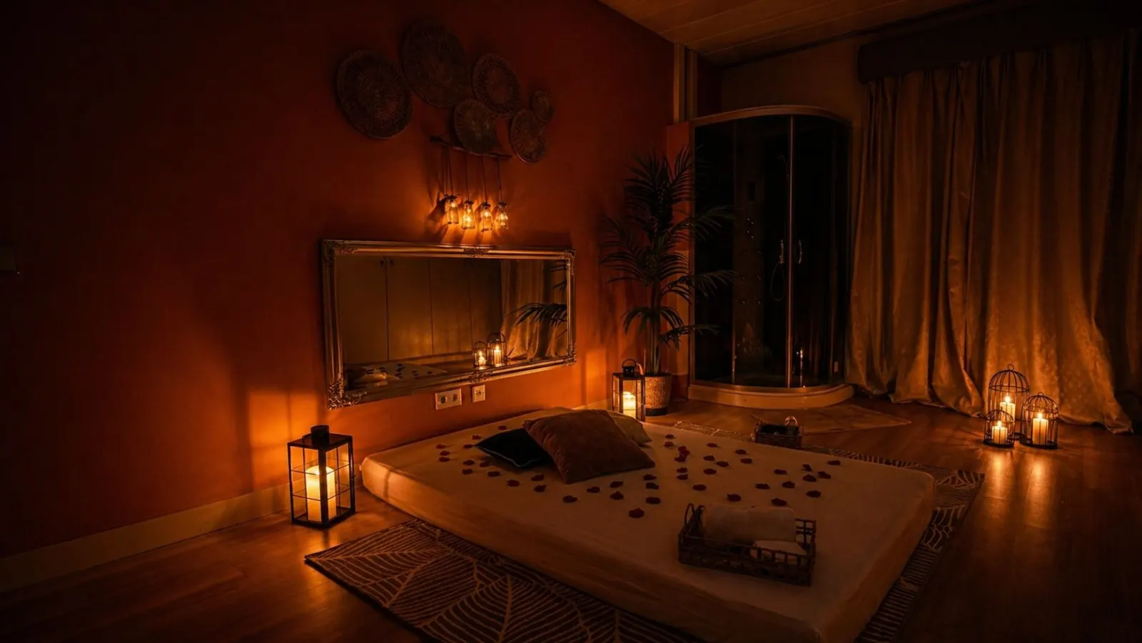 Zaya Tantric Spa. Ambiente com velas e pétalas de rosa